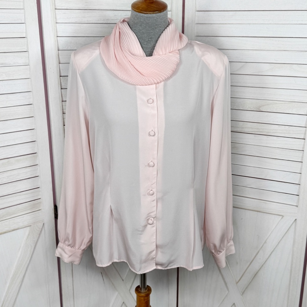 Vintage 80s 90s Eva Laurel Crinkle Pleated Cowl‎ Neck Satin Blouse Blush Pink 12